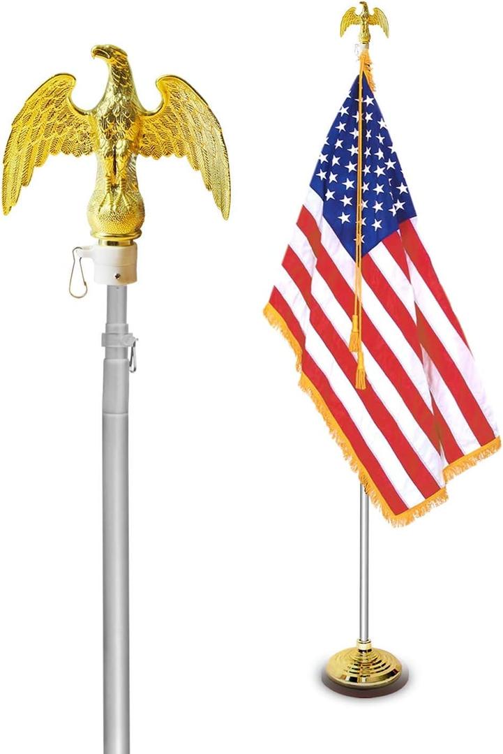 Anley 7.5ft Indoor Telescoping Flag Pole - Aluminum Telescopic Flagpole with Tangle Free Carabiners & Golden Eagle Top Finial - Lightweight Commercial Pole (1 Inch Dia. Flag Only)