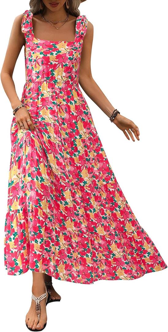 PRETTYGARDEN Women Dresses 2025 Summer Floral Sleeveless Maxi Dress Casual Spaghetti Strap Tiered Flowy Beach Long Dress (XX-Large)