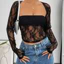 Girece Going Out Tops for Women Long Sleeve 2 Piece Square Neck Tank Top Lace Mesh Sheer Crop Tops Strapless Shirts (Black)