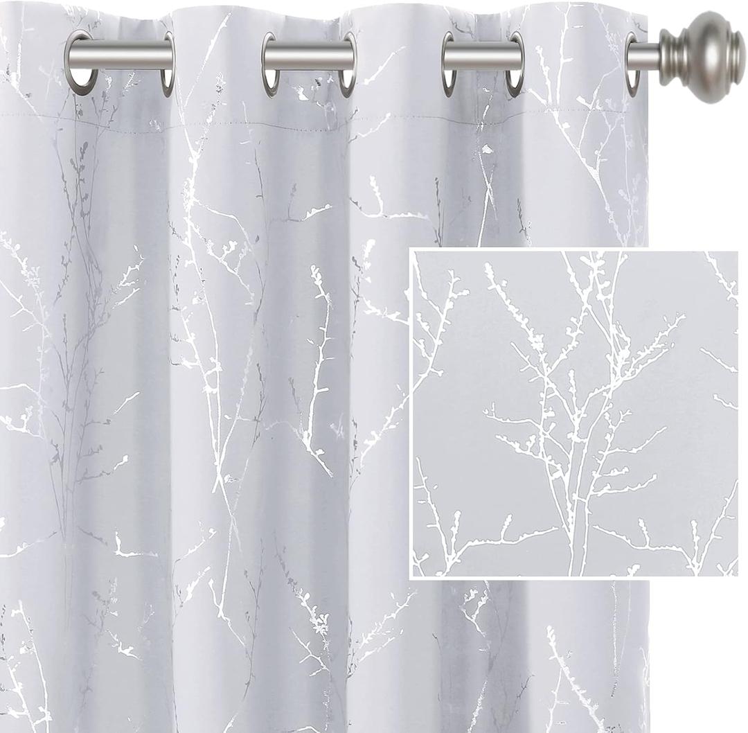 H.VERSAILTEX Blackout Curtains for Bedroom Foil Print Twig Tree Branch Thermal Insulated Grommet Curtains Light Blocking Thick Soft Window Curtains for Living 52 x 63 Inch, 2 Panels, Greyish White