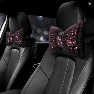 surpassme 2PCS Rhinestone Car Headrest Neck Pillow for Driving with Bling Bling Crystal Bow Pillow Car Accessories for Women (Purple)