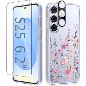 GVIEWIN for Samsung Galaxy S25 Case, Clear Floral Slim Shockproof Protective Women Phone Case, Non-Yellowing, with Screen Protector & Camera Lens Protector for Galaxy S25 6.2", Floratopia/Colorful