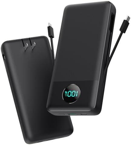 Portable Charger 33800mAh USB C Power Bank with Built-in Cables & AC Wall Plug,25W Fast Charging+QC 4.0 Phone Charger,4 Output LCD Display Battery Pack Compatible with iPhone16/15,Samsung,Android etc
