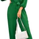 PRETTYGARDEN Women's Fall Jumpsuits Dressy Casual Pants Romper Spring Long Sleeve V Neck Belt Pockets One Piece Outfits (Medium, Green)