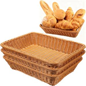 3 Pack Wicker Bread Baskets for Serving 15.8 Inch Rattan Tray Rectangular Display Baskets for Food Fruit Vegetables Snack Decorative Kitchen Restaurant Home