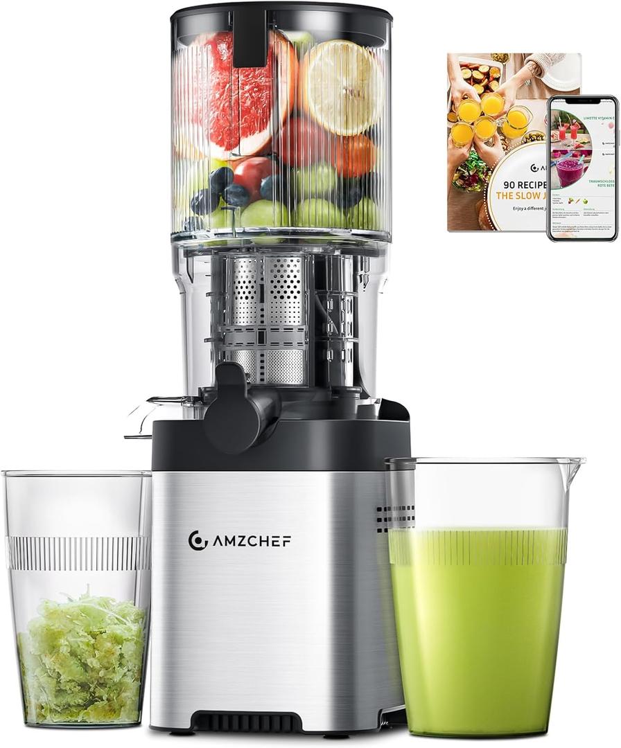 AMZCHEF Cold Press Juicer, 5.4" Juicer Machines with Large Feed Chute for Whole Fruits & Vegetables, Stainless Steel Juice Extractor with Large Auger, Dual Strainers, Easy Cleanup & Assembly