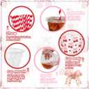 JarThenaAMCS 50Pcs Pink Bow Strawberry Disposable Plastic Cups with Lids and Straws 12Oz Cute Bowknot Strawberry Cold Beverage Drinking Cups for Summer Birthday Wedding Party Supplies, 3.9 x 2.2 x 4.3 inch