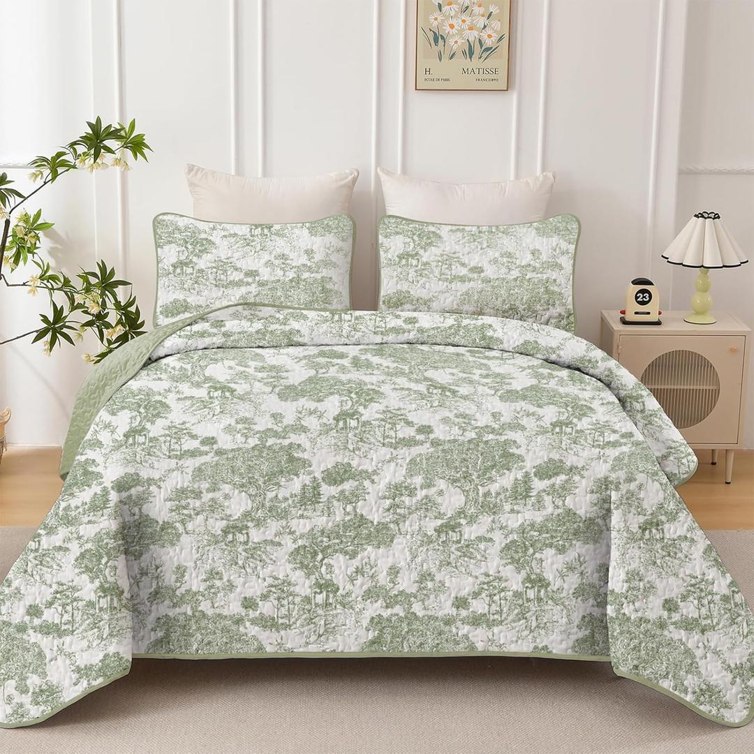 WONGS BEDDING Botanical Quilt Set Queen Size, Sage Green 3 Pieces Toile Floral Plants Printed Bedspread Bedding Set Soft Lightweight Microfiber Coverlet Set for All Season (96"x90")