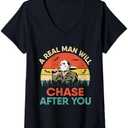Womens Vintage Real Man Will Chase After You Halloween Character V-Neck T-Shirt Size M