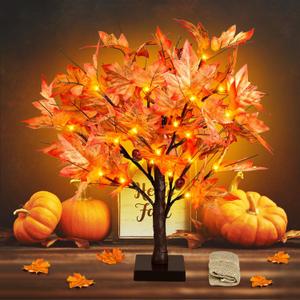 Remon 18 Inch Lighted Fall Maple Tree - 1.5FT Thanksgiving Tabletop Lamp Decor with 36 LED Lights, 72 Maple Leaves, 6 Acorns, Timer Function, Battery Operated Fall Artificial Tree with Burlap Base