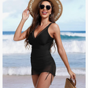 Women One Piece Swim Dress Mesh Tummy Control Swimsuit Sexy Slimming Skirt Bathing Suit V Neck Adjustable Straps Size M