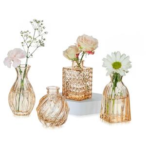 Hewory Small Glass Vases for Flowers: Set of 3 Mini Bud Vases for Tables Centerpieces - Vintage Flower Vase for Wedding Party Home Decor(Champagne Rose Gold)