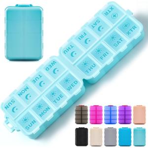 Foldable Weekly Pill Organizer 2 Times a Day with 2 Extra Compartments - Etched Labels - Portable 7 Day AM PM Medicine Box, Week Daily Travel Pill Case Holder for Vitamin, Supplement -Sky Blue