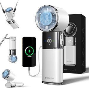 Portable Handheld Turbo Fan with Ice Cooling, 9000mAh Rechargeable Personal Fan, 100-Speed Wind, Built-in Type-C Cable, LED Display,135 Tilt Foldable for Desk/Neck/Travel-White