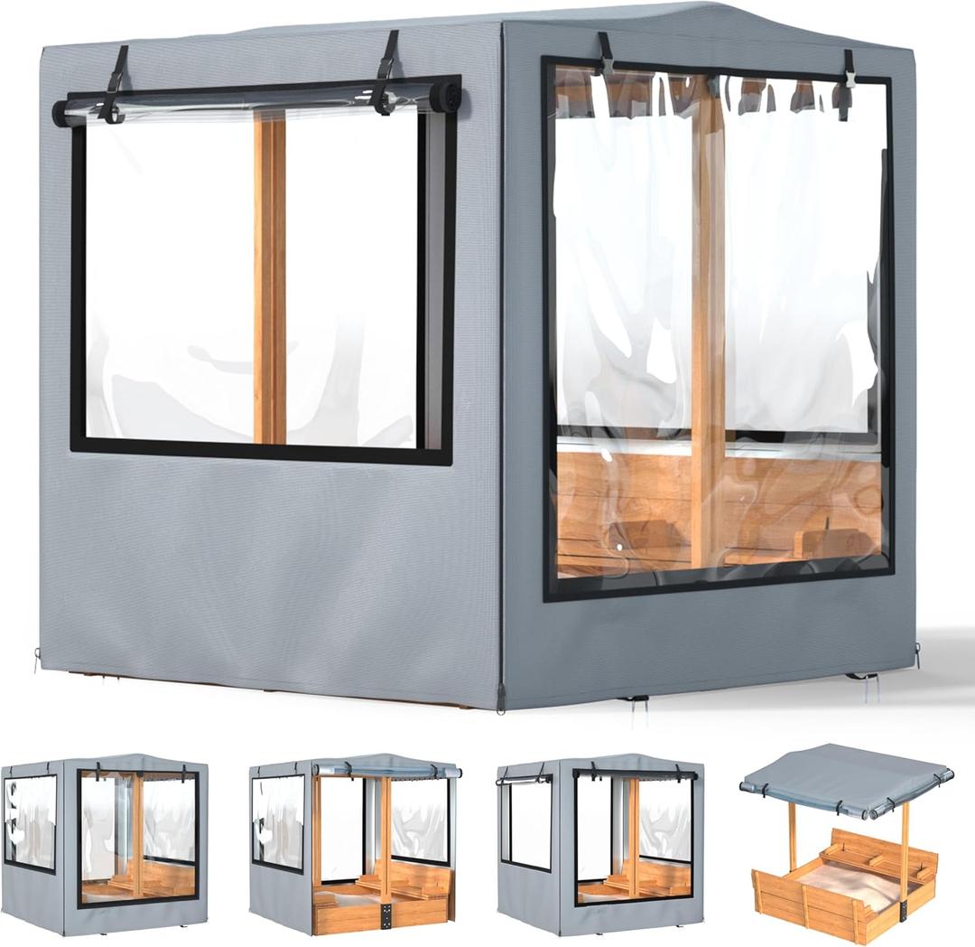 Sandbox Cover, 48”x48”x52”, Kid Sand Box Covers, Waterproof, UV Resistant, with Zippered Mesh Windows, Ideal for Backyard Wooden Sandbox, Windproof, Dustproof & Pet-Proof, Grey, Only Cover