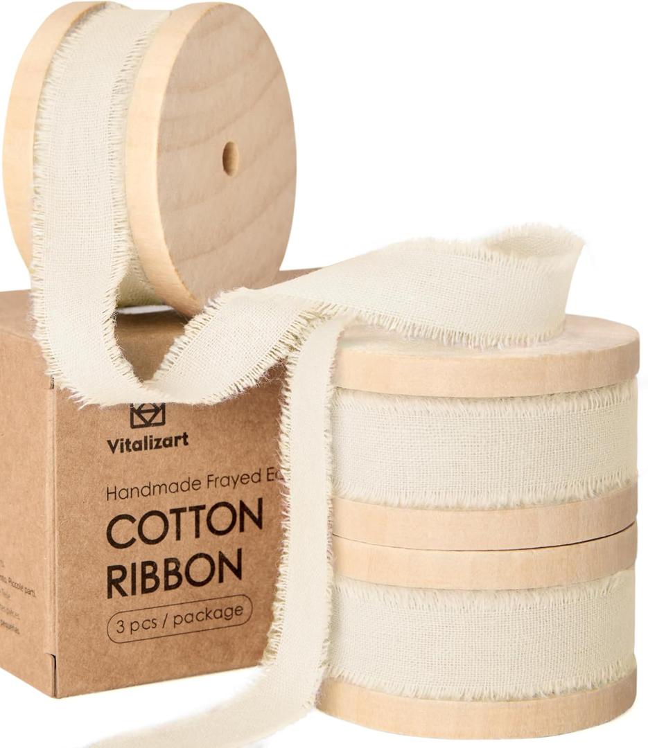 Vitalizart White Cotton Ribbon Handmade Fringe 5/8" x 21 Yd Cream Pure Natural Cotton Ribbons for Gift Wrapping Wedding Invites Bridal Shower Bouquets Holiday Decor