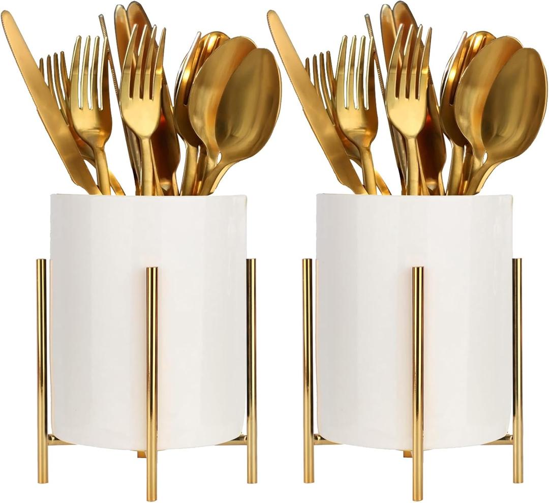 2pcs Sturdy Cutlery Holder White Ceramic With Metal Bracket Robust Silverware Caddy For Countertop - Spoon Holder Silverware Caddy