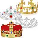 Bonuci 4 Pcs King Crowns Queen Tiara Princess Adjustable Crowns Gold Crown Funny Party Hats Royal Halloween Costume Prom Accessories
