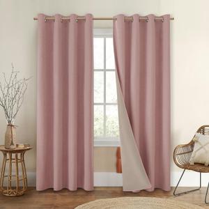 HOMEIDEAS 100% Blackout Curtains 2 Panels Blush Pink Linen Room Darkening Curtains 52 X 84 Inches Thermal Insulated Grommet Window Drapes with Liner for Nursery, Living Room, Bedroom