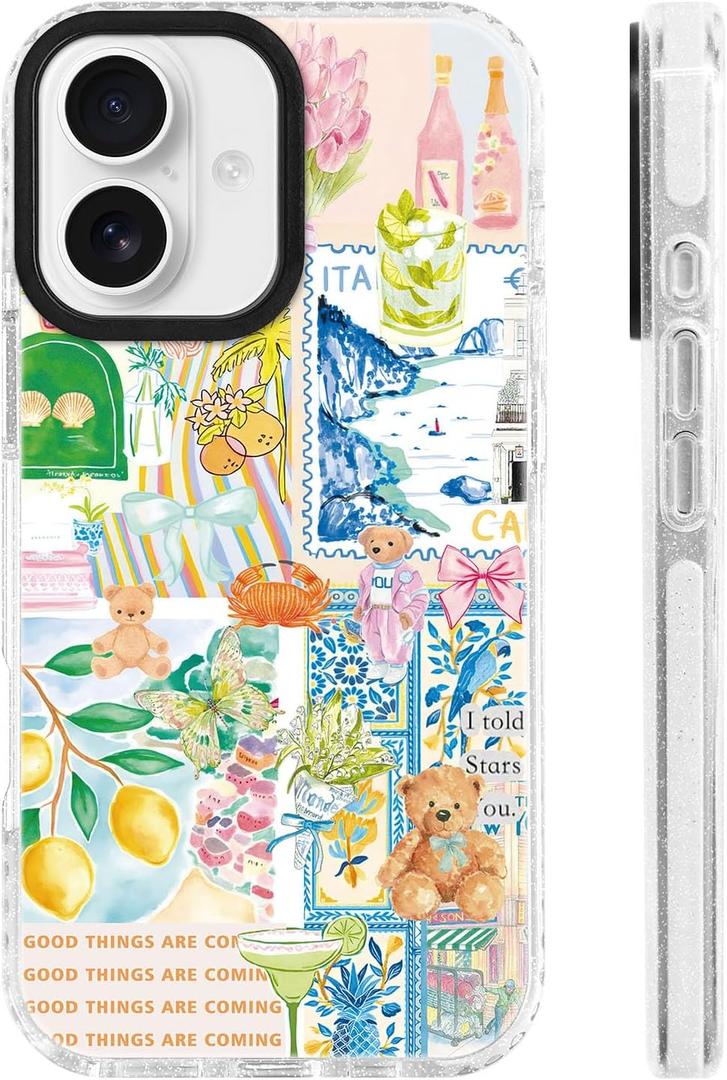 for iPhone 16 Case [Military-Grade Drop Protection/Uplifting Soft TPU Protective/Camera Protection/for Women & Girls]-Vibrant Yellow Motivational Travel Collage with Teddy Bear