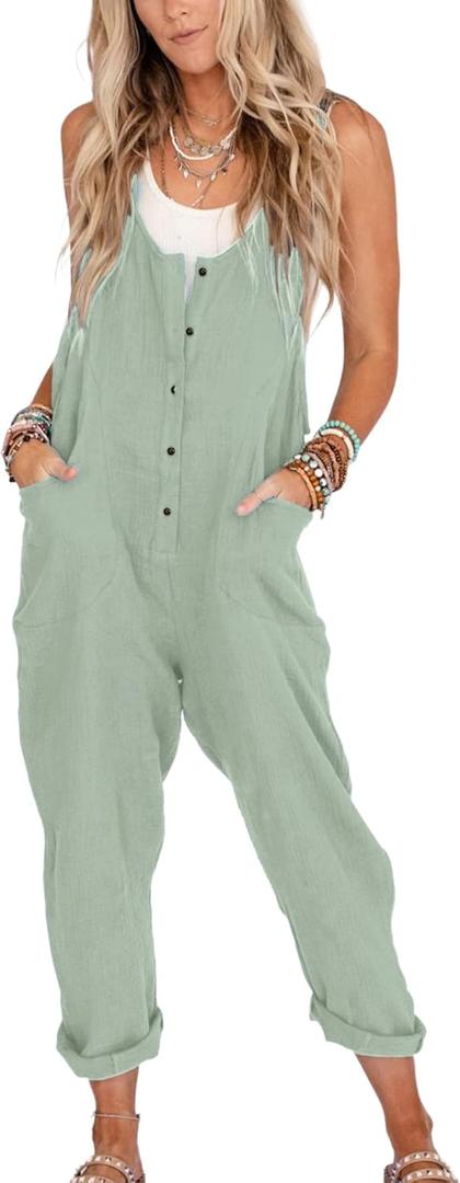 Yeokou Womens Overalls Linen Cotton Jumpsuits Loose Casual Jumpers with Pockets (Blue, L)
