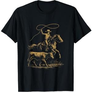Rodeo Cowboy - Retro Cowgirl Steer Roping Art T-Shirt (Medium, Black)