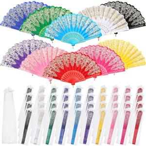 Geetery 50 Pcs Floral Folding Fan Chinese Style Silk Fabric Folding Hand Fan Vintage Flower Patterns Handheld for Wedding Party Favors Home(Fresh Colors)