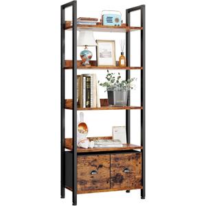 Furologee 5-Tier Bookshelf, Tall Bookcase with 2 Storage Drawers, Adjustable Industrial Display Standing Shelf Units, Wood and Metal Storage Rack for Living Room, Bedroom, Home Office Rustic Brown