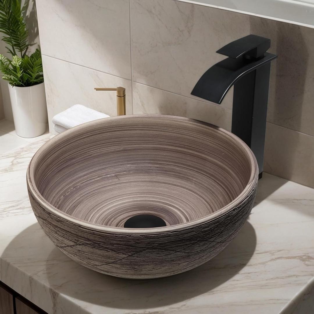 14 Inch Round Ceramic Vessel Sink with Black Waterfall Faucet & Pop-Up Drain, Above Counter Bathroom Vanity Basin, 6 Inch Deep Retro Porcelain in Matte Black-Brown, 14x14x6 inches