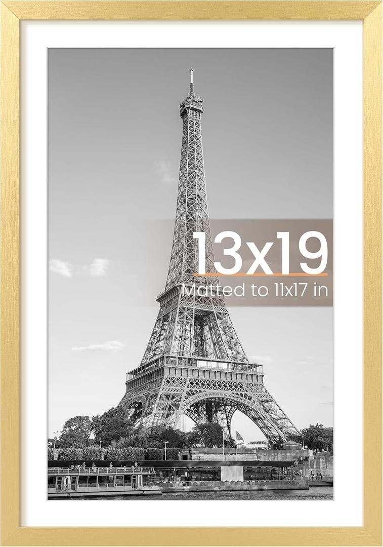 upsimples 13x19 Picture Frame, Display Pictures 11x17 with Mat or 13 x 19 Without, Wall Hanging Poster Frames, Gold, 1 Pack