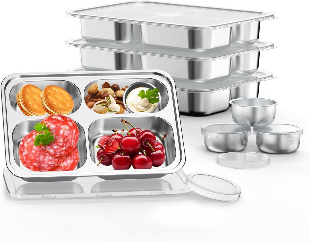 Bakpoco Stainless Steel Divided Plate for Kids Toddler, Non Toxic Portion Control Plate Dinner Plate with Lid for Adults Weight Loss, 4 Pack 4 Sections Rectangular Snack Plate Tray