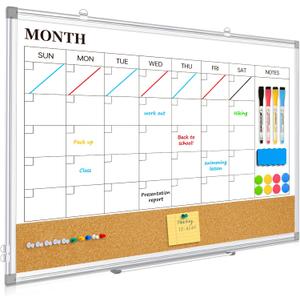 Dry Erase Calendar Board for Wall, 24"x18" Magnetic Whiteboard Calendar Double-Sided Monthly White Board with Cork Board, Aluminum Frame Memo Message Board for Office, Home, School, Kitchen (Silver)