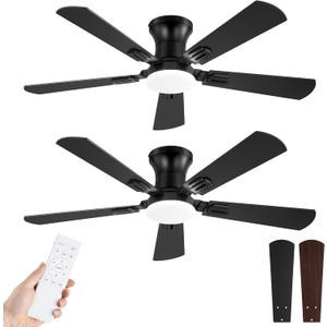 Fanbulous 2 Pack 42 Inch Ceiling Fans with Lights and Remote, Low Profile Indoor Black Ceiling Fan with 6 Speeds & 3CCT, Flush Mount, Dual-Finish 5 Blades, Quiet DC Motor for Living Room Bedroom