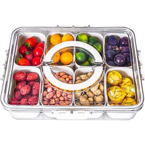 Divided Serving Tray with Lid and Handle - Snackle Box Charcuterie Container for Portable Snack Platters - Clear Organizer for Candy, Fruits, Nuts, Snacks - Perfect for Party, Entertaining (11" x 8.3" x 2.6")