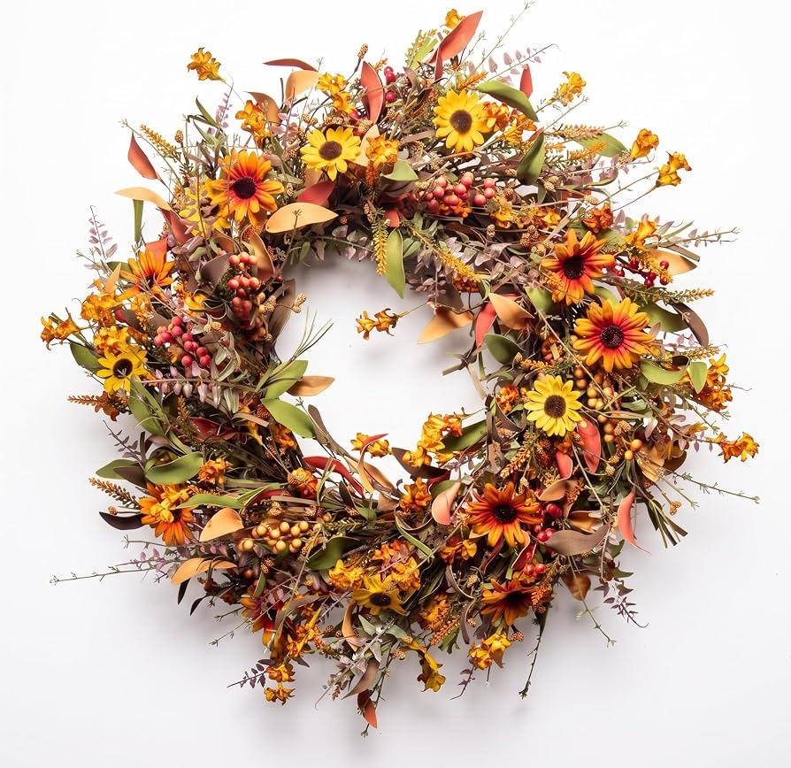 Fall Wreaths for Front Door Artificial Floral Wreath with Colorful Daisies and Autumn Foliage Fall Autumn Wreath for Front Door Wall Window and Thanksgiving Decor