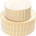 YOUBET 100PCS Ivory Scalloped Plastic Plates  Heavy Duty Gold Disposable Fancy Hard Plates Include 50 Dinner Plate, 50 Dessert Plate, for Wedding & Party Valentines Day