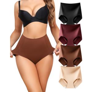 LEVAO Women's Tummy Control Underwear High Waisted Seamless Panties - Postpartum Briefs No Show Shaper XL 4 Pack (Black,nude,reddish Brown,red Coffee Color)