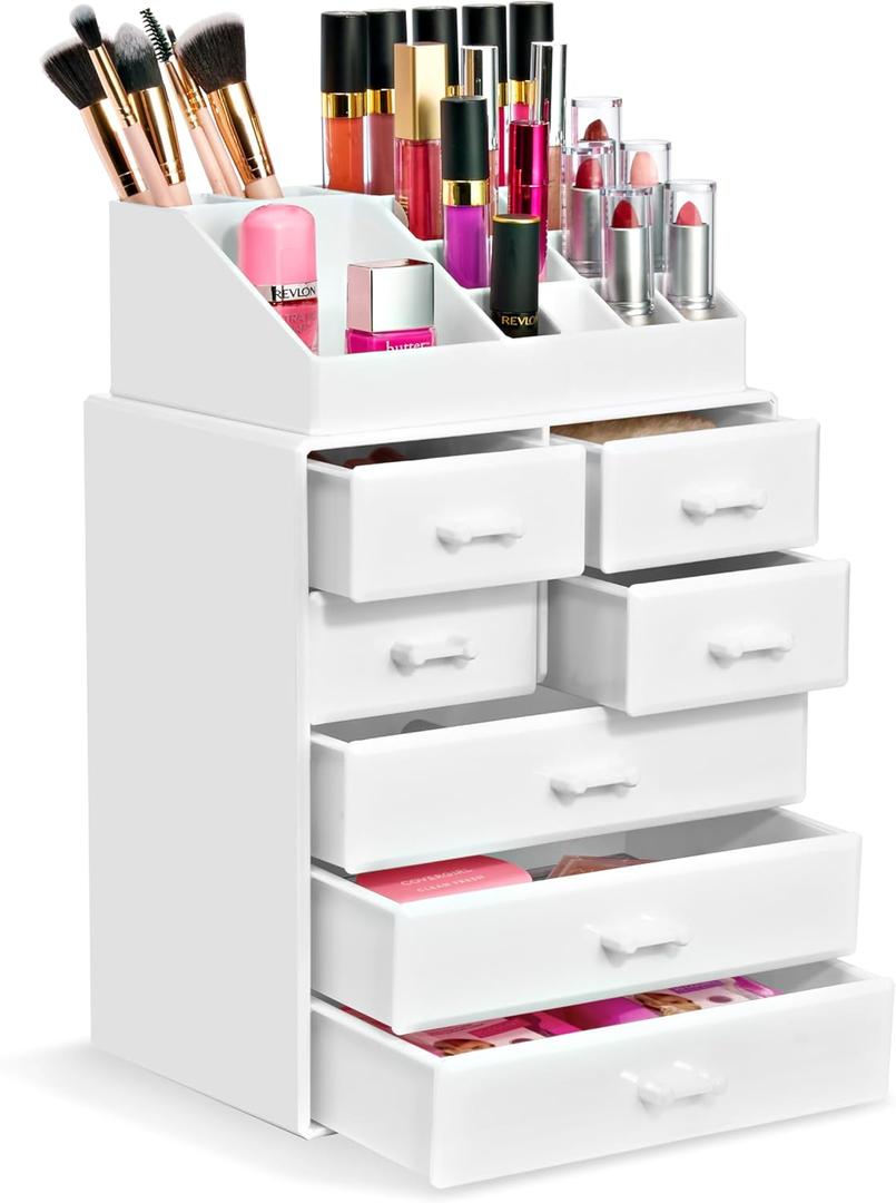 Sorbus Makeup Organizer, Brush Holder and Make Up Storage Drawers - Acrylic Makeup organizer for vanity, Bathroom - Cosmetic Display Cases with 3 large, 4 Small Drawers & 1 Tray for Makeup Brush