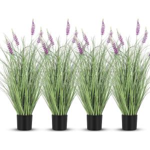 Jexine 4 Pieces Faux Plants Outdoor 3 ft Tall Artificial Lavender Plant Potted Artificial Lavender Faux Greenery Floor Flowers for Housewarming Gift House Garden Bathroom Lobby Outdoor