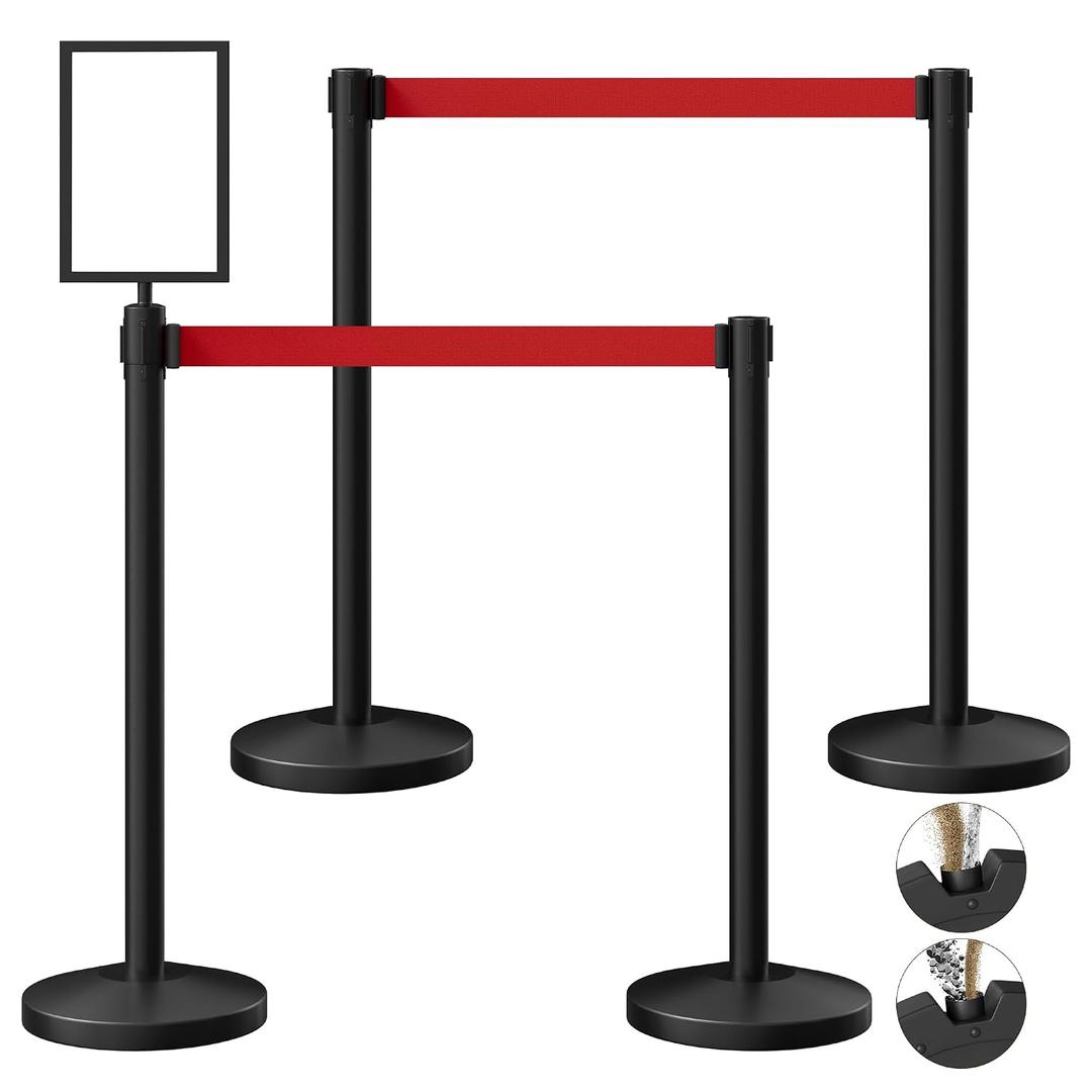 4-Pack Black Stainless Steel Crowd Control Stanchions, 9.8 ft Retractable Red Safety Belts with 1 Sign Holder(Red Belt)