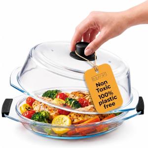 Bezrat 2in1 Glass Microwave Plate and Cover/Splatter Guard Lid, with Easy Grip silicone handle, 100% Food Grade, BPA Free and Dishwasher safe (Black)