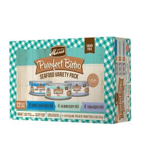 Merrick Purrfect Bistro Grain Free Premium Canned Pate Adult Wet Cat Food, Variety Pack Seafood Recipes - (12 Packs of 12) 5.5 oz. Cans (BB. APR2026)