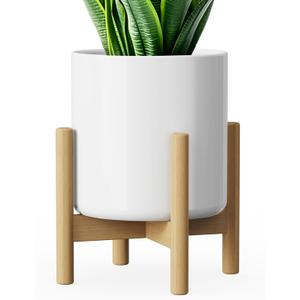 8 Inch Ceramic Planter with Wood Stand, Mid-Century Modern Minimalist Design Plant Pot with Drainage & Luxurious Stand for Indoor Home Decor (White)