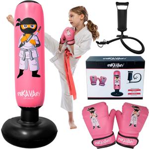 Punching Bag for Kids - 5' 3" Tall and Stable - Ninja Kids Inflatable Punching Bag Combo Kit with Kids Boxing Gloves, a Pump and Repair Kit. Boxing Bag for Immediate Bounce Back (Ninja Pink)