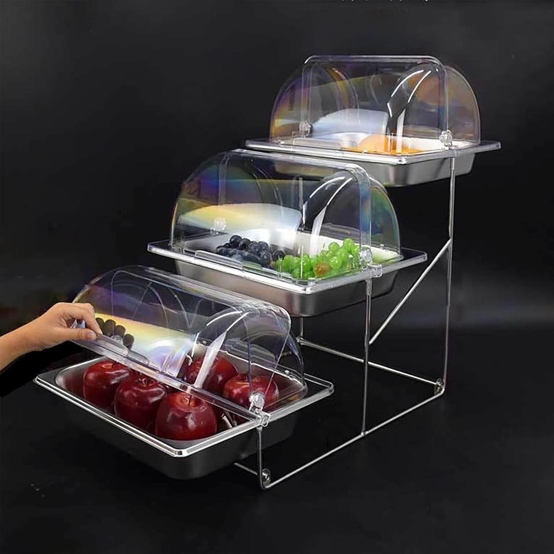 High-Capacity 3 Tiered Serving Trays Platters with Cover Stainless Steel Dessert Cupcake Table Display Stands Food Snake Fruit Catering Supplies Buffet Display Set (A2, 4cm Depth Platter with Cover)
