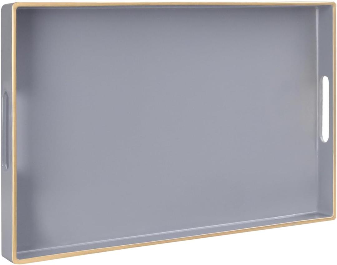 MAONAME Gray Serving Tray with Handles, Modern Grey Decorative Tray for Coffee Table, Plastic Rectangular Gray Trays for Ottoman, Bathroom, Decor, 15.8 x 10.2 x1.4
