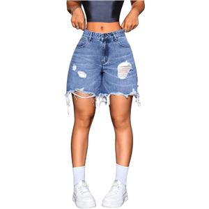 MakeMeChic Women's Ripped Raw Trim Jean Shorts Drop Waist Casual Bermuda Denim Shorts (26)