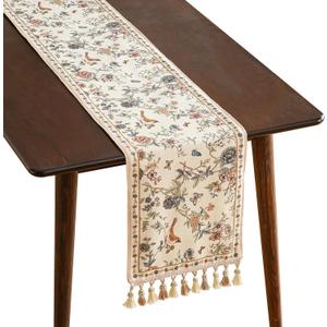 ISAENNE Designer Linen Table Runner 87 Inches Long,Elegant Floral Bird Pattern Table Runners for Dining Room,Farmhouse Rustic Kitchen Decor,Thanksgiving,Christmas,12"*87"-Cornucopia