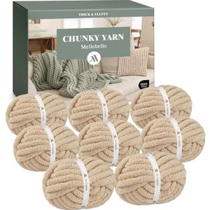 Mellobello Jumbo Chunky Yarn for Hand Knitting - Super Thick Chenille Chunky Yarn for Crocheting - Extra Soft Bulky Fluffy Blanket Big Yarn 8 Jumbo Pack (27yds,8 oz Each Skein) Khaki