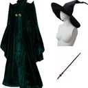 Women Professor Witch Cosplay Costume Halloween Wizard Cloak with Hat Wand Robe Coat